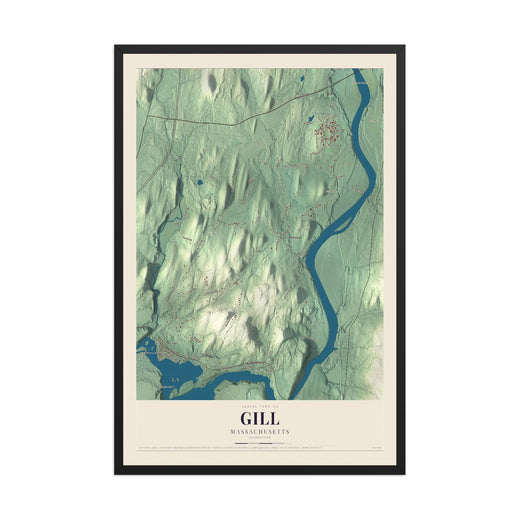 Map of Gill, Massachusetts, 12 x 18 inch print in a black wood frame