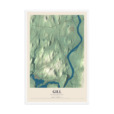 Map of Gill, Massachusetts, 12 x 18 inch print in a white wood frame