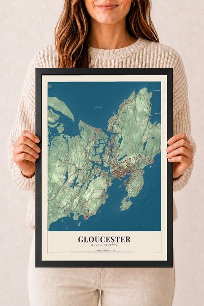 Gloucester, Massachusetts map print - 12 x 18 black Ayous wood frame