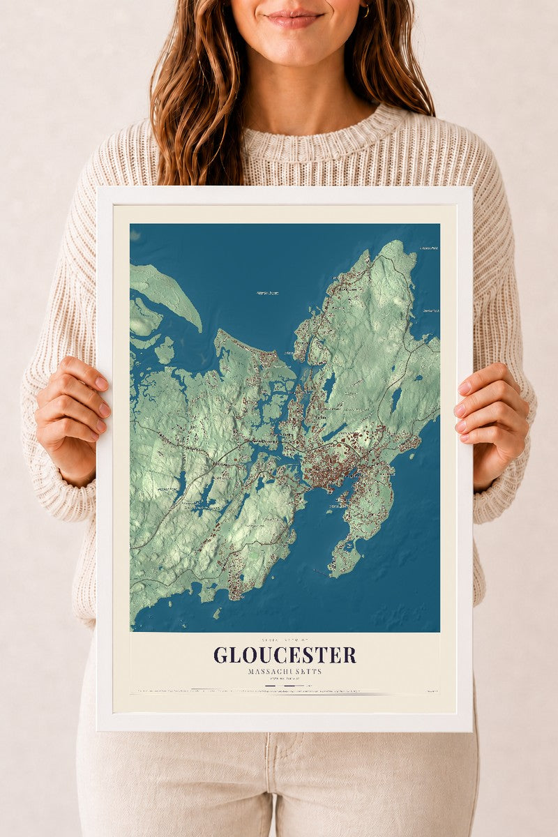 Gloucester, Massachusetts map print - 12 x 18 white Ayous wood frame