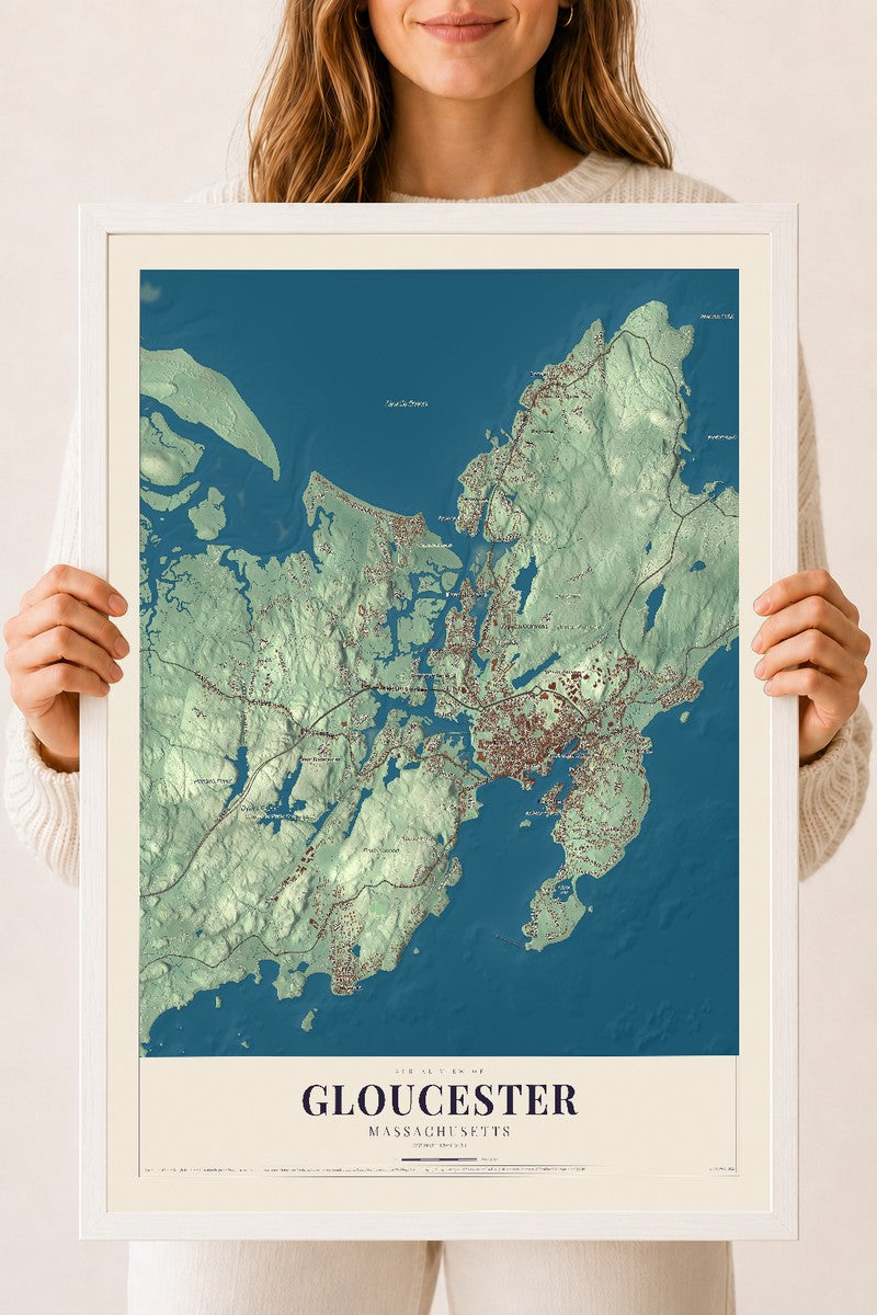 Gloucester, Massachusetts map print - 18 x 24 white Ayous wood frame