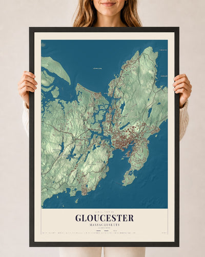 Gloucester, Massachusetts map print - 24 x 36 black Ayous wood frame