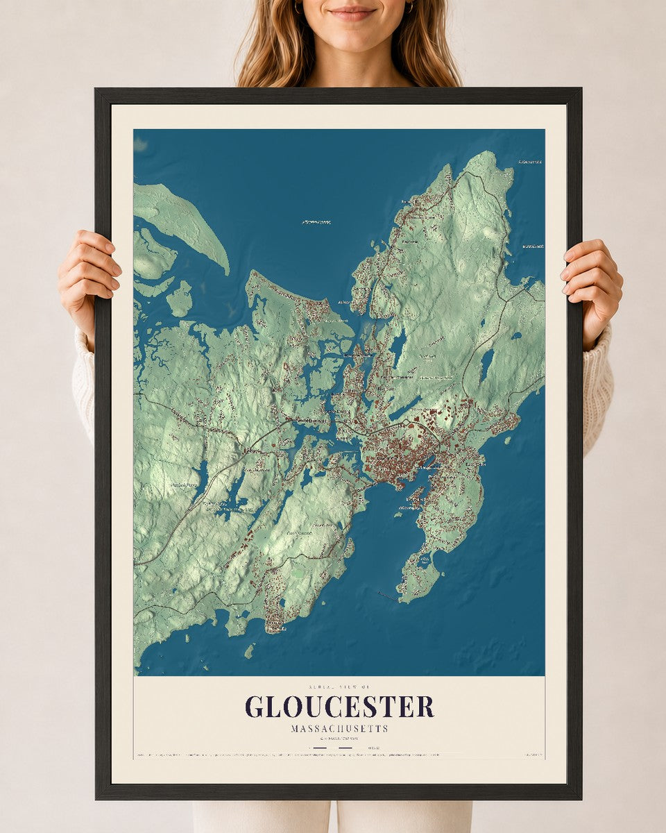Gloucester, Massachusetts map print - 24 x 36 black Ayous wood frame