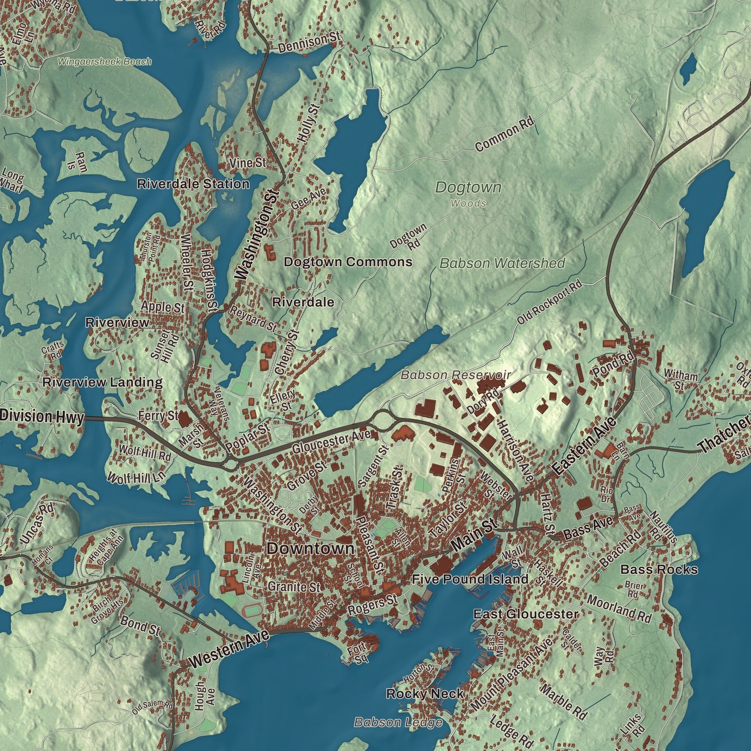 Terrain and local geography detail from the Gloucester, Massachusetts map
