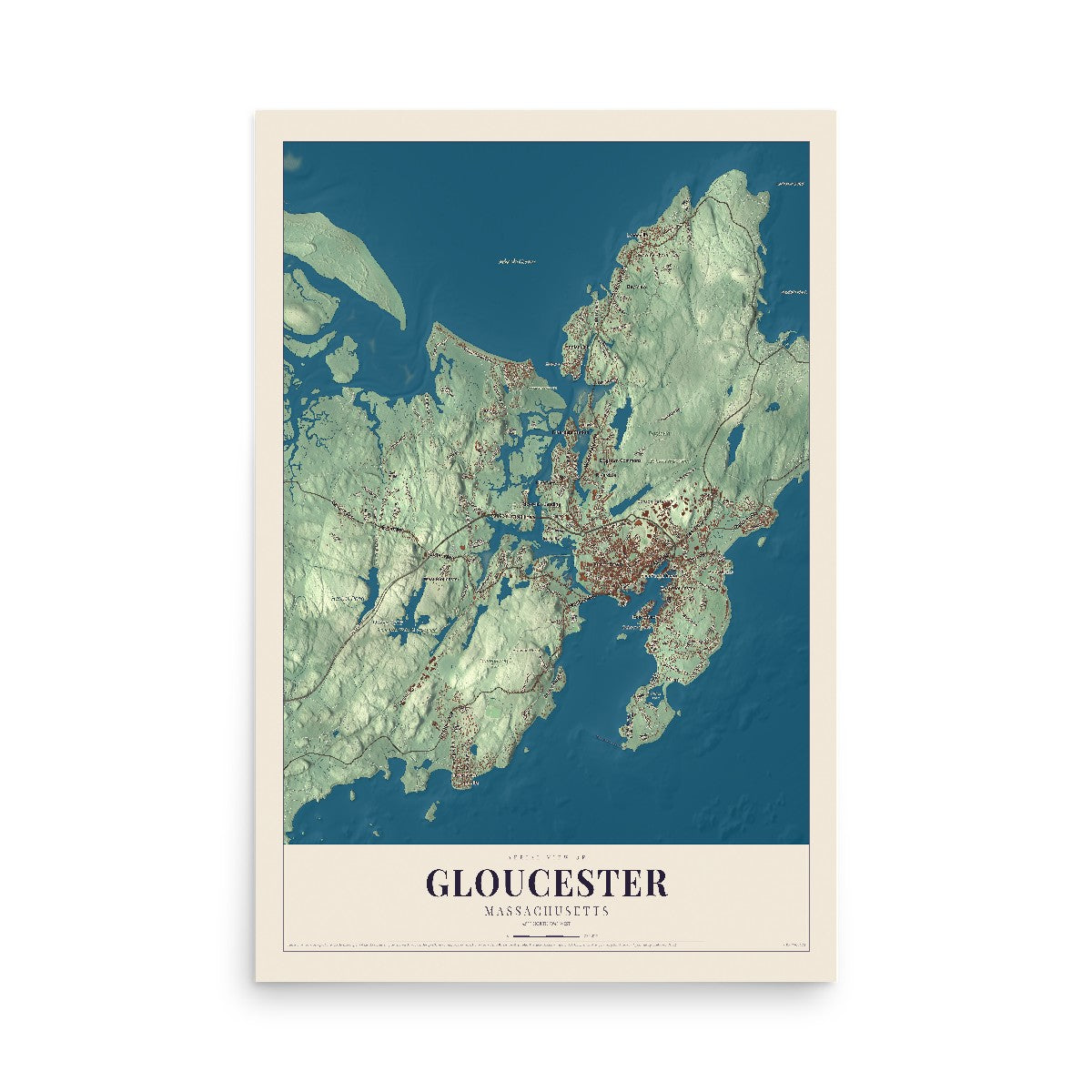 Map of Gloucester, Massachusetts, 12 x 18 inch unframed archival matte print