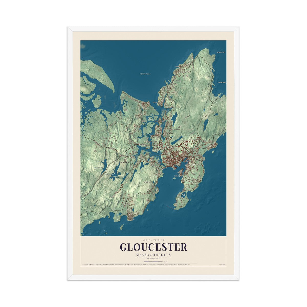 Map of Gloucester, Massachusetts, 12 x 18 inch print in a white wood frame