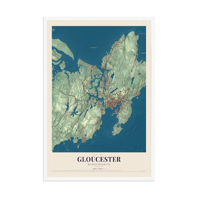 Map of Gloucester, Massachusetts, 12 x 18 inch print in a white wood frame