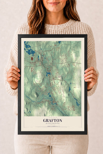 Grafton, Massachusetts map print - 12 x 18 black Ayous wood frame