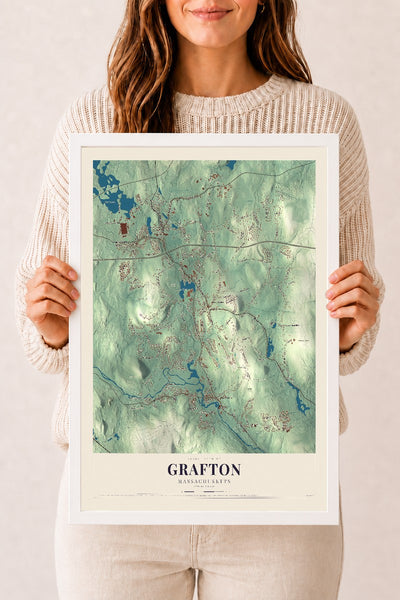 Grafton, Massachusetts map print - 12 x 18 white Ayous wood frame