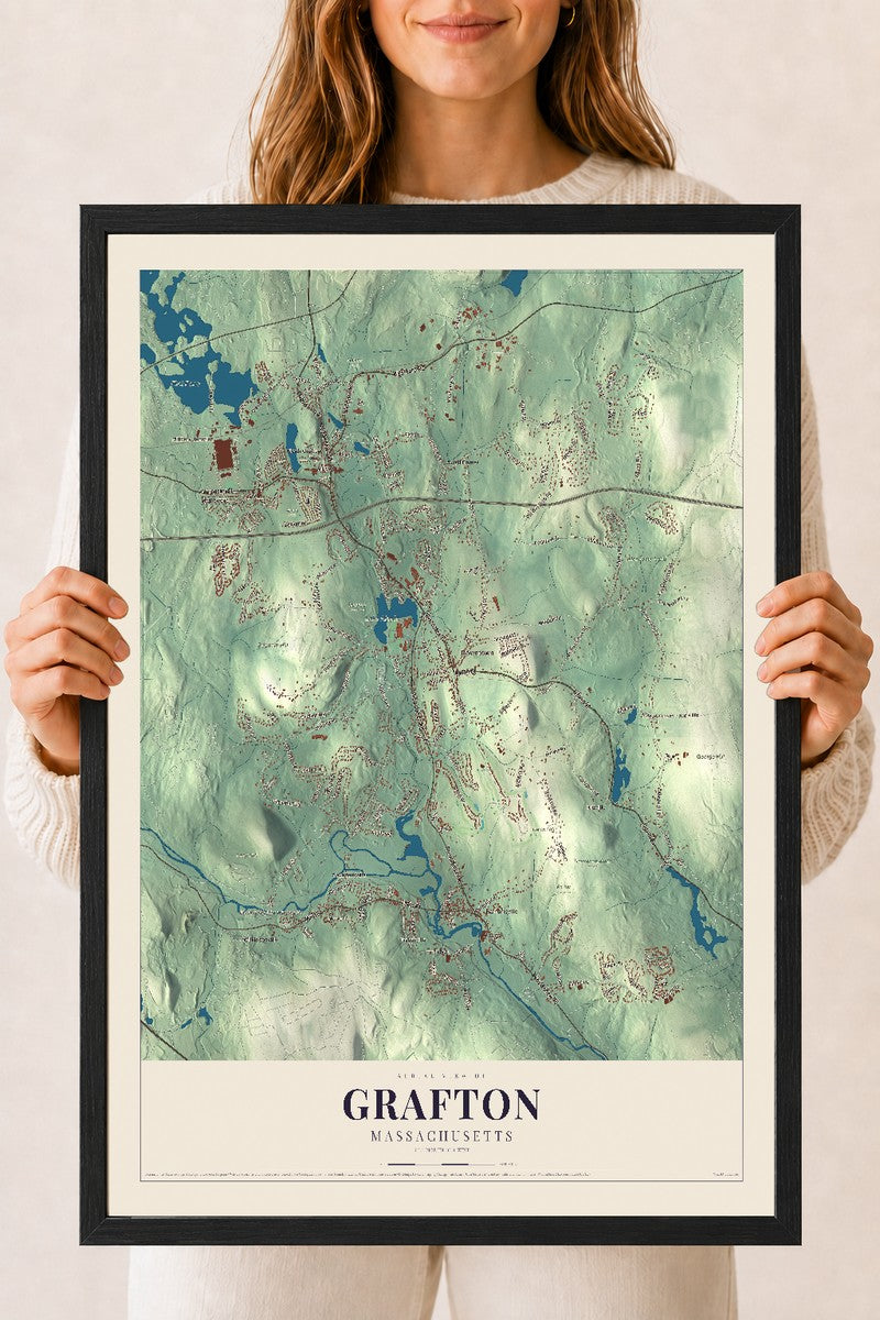 Grafton, Massachusetts map print - 18 x 24 black Ayous wood frame