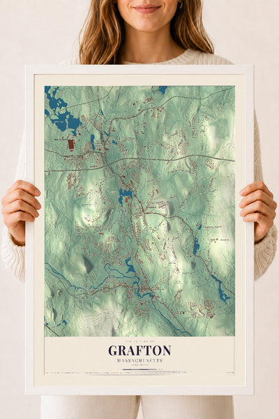 Grafton, Massachusetts map print - 18 x 24 white Ayous wood frame