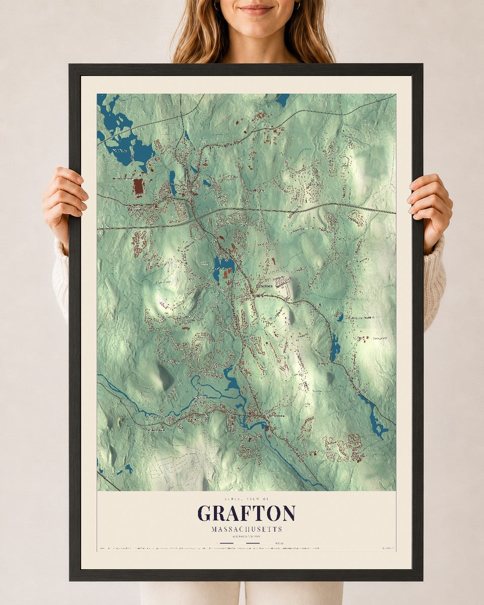 Grafton, Massachusetts map print - 24 x 36 black Ayous wood frame