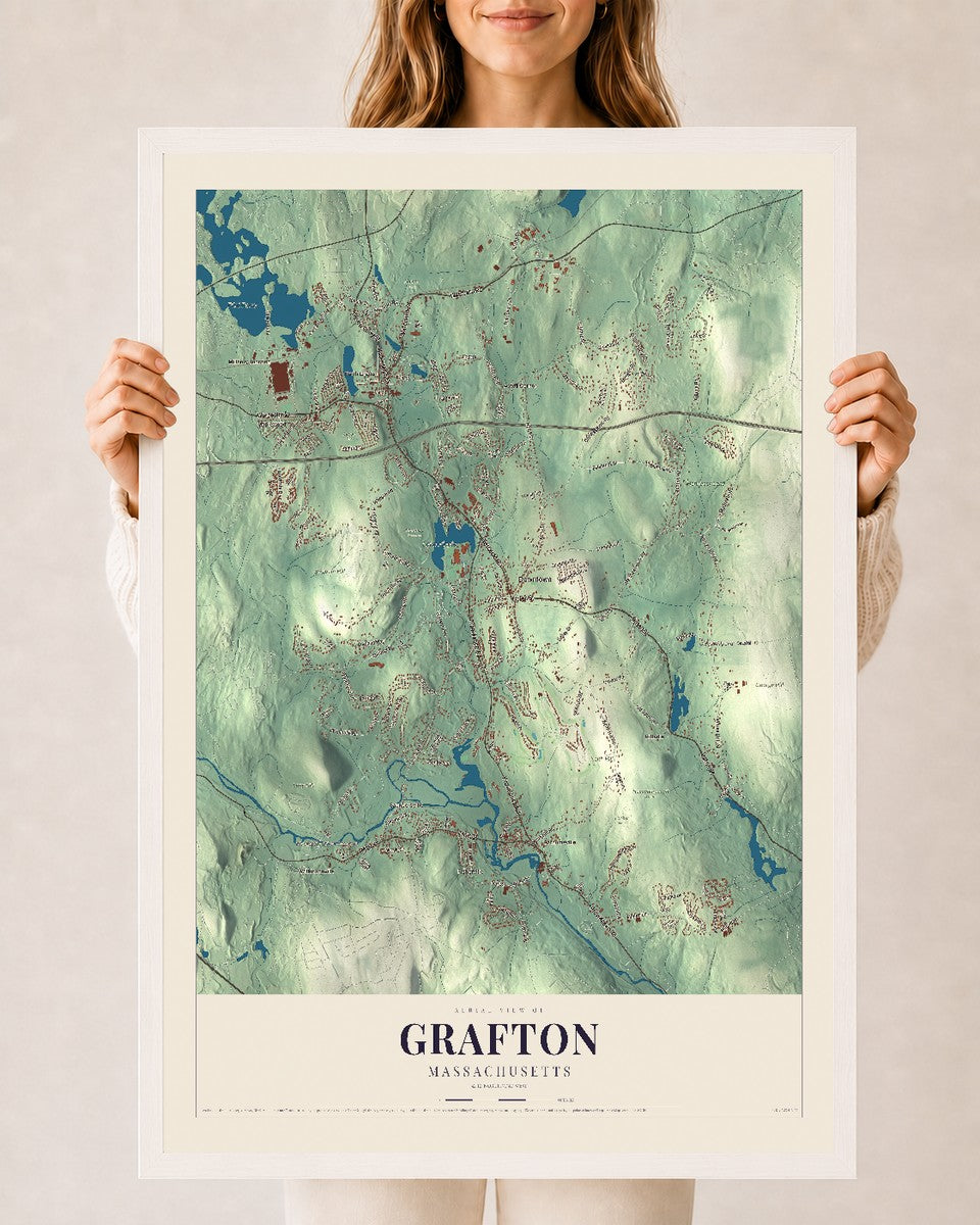 Grafton, Massachusetts map print - 24 x 36 white Ayous wood frame