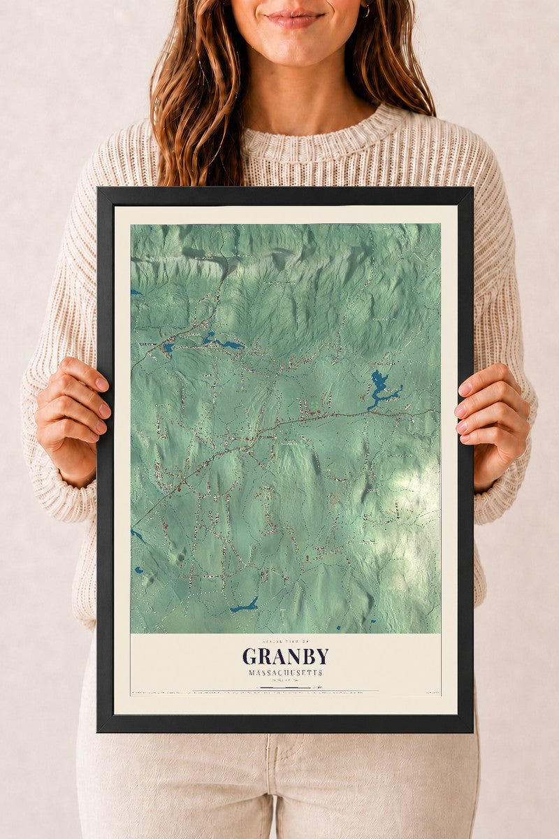Granby, Massachusetts map print - 12 x 18 black Ayous wood frame