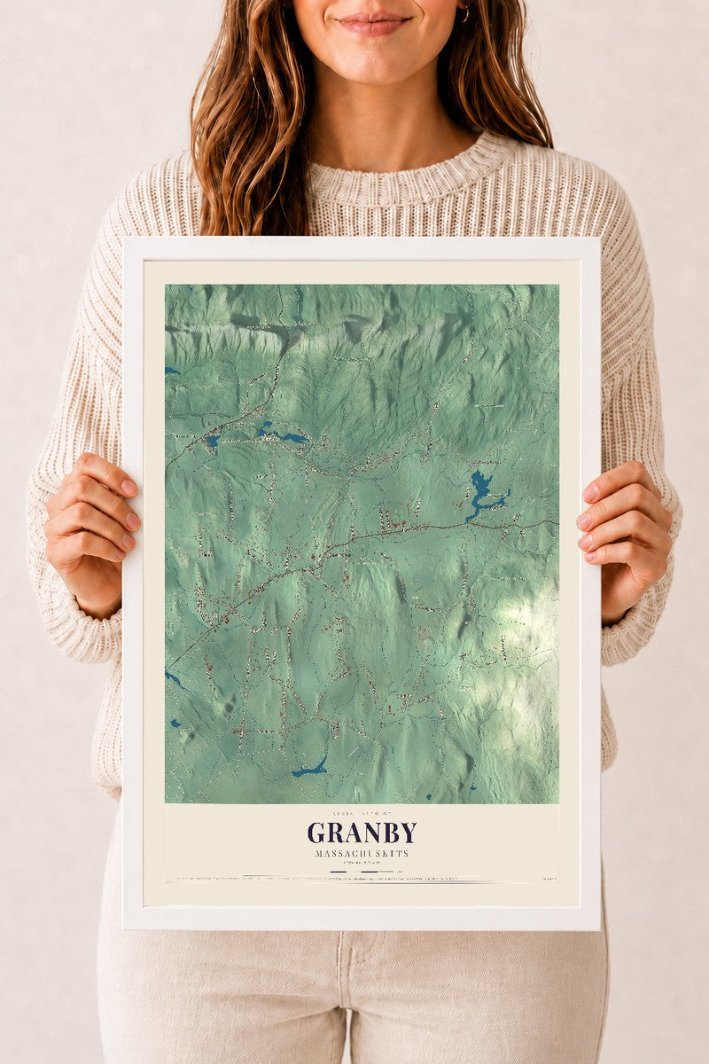 Granby, Massachusetts map print - 12 x 18 white Ayous wood frame