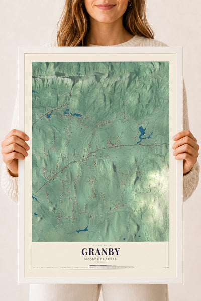 Granby, Massachusetts map print - 18 x 24 white Ayous wood frame