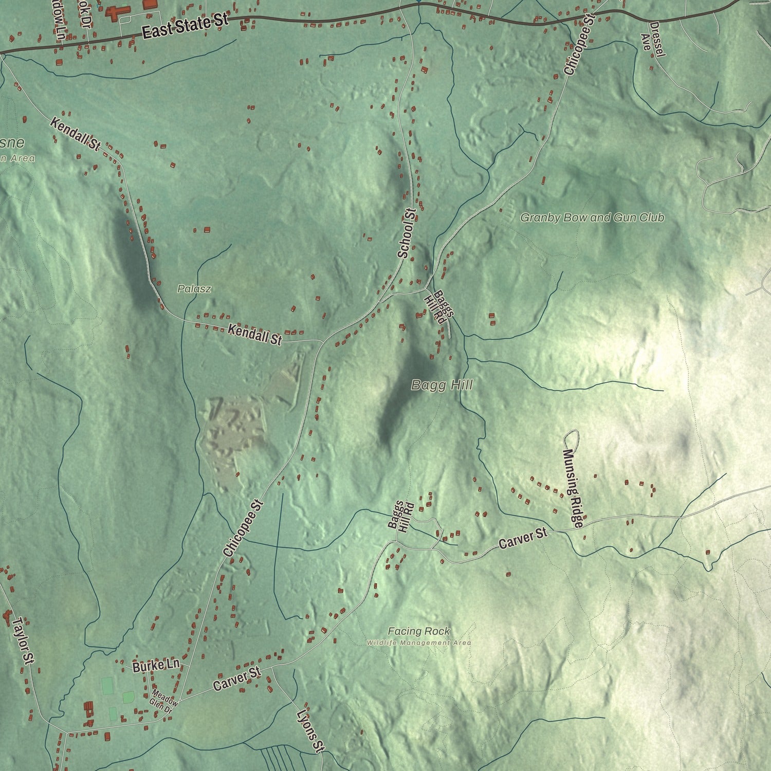 Terrain and local geography detail from the Granby, Massachusetts map