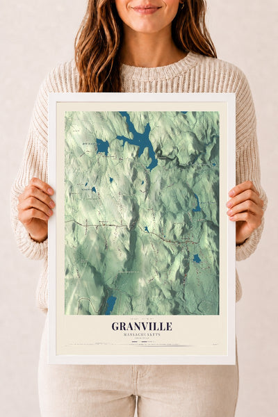 Granville, Massachusetts map print - 12 x 18 white Ayous wood frame