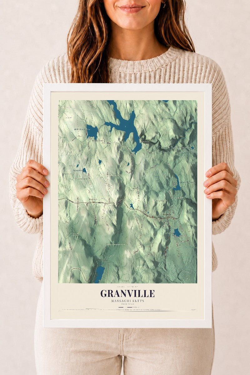 Granville, Massachusetts map print - 12 x 18 white Ayous wood frame