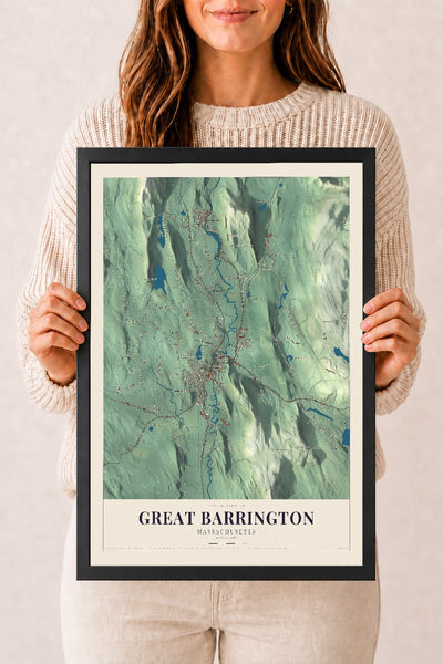 Great Barrington, Massachusetts map print - 12 x 18 black Ayous wood frame