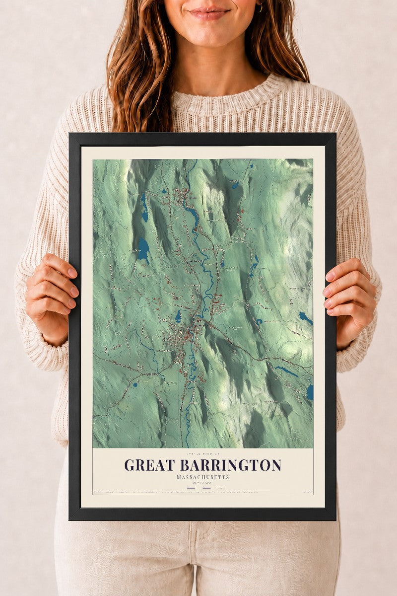 Great Barrington, Massachusetts map print - 12 x 18 black Ayous wood frame