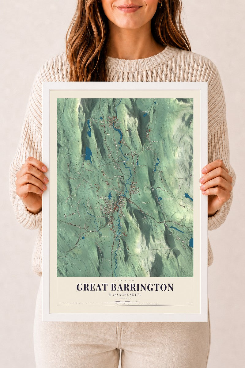 Great Barrington, Massachusetts map print - 12 x 18 white Ayous wood frame