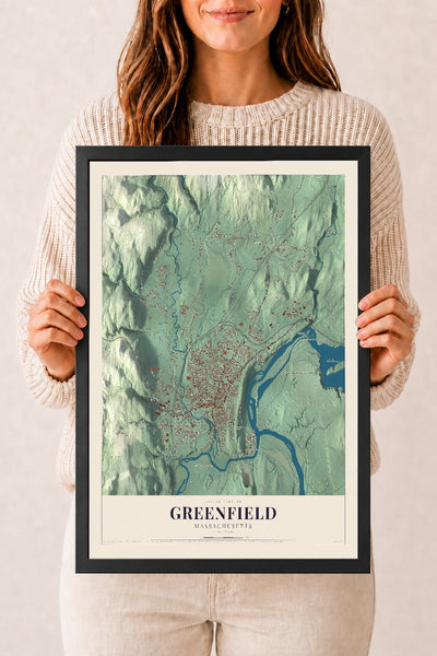 Greenfield, Massachusetts map print - 12 x 18 black Ayous wood frame