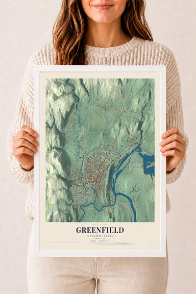 Greenfield, Massachusetts map print - 12 x 18 white Ayous wood frame