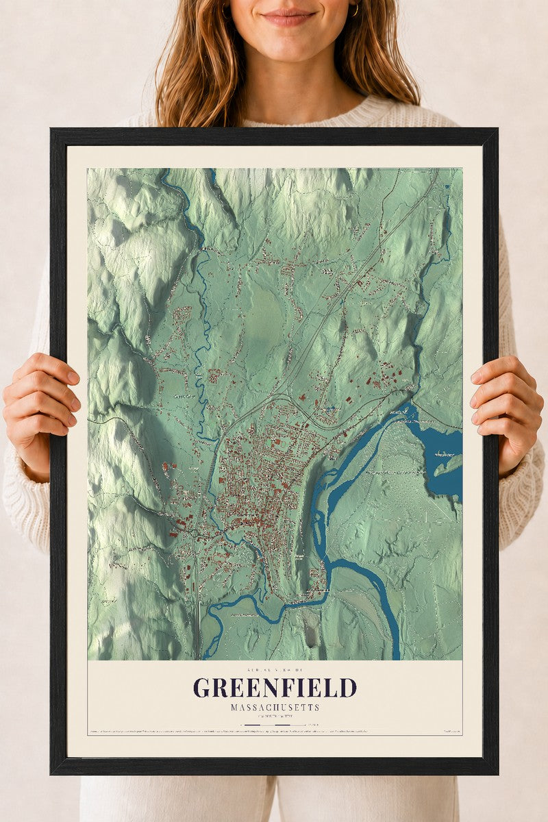 Greenfield, Massachusetts map print - 18 x 24 black Ayous wood frame