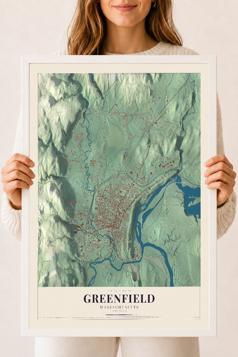 Greenfield, Massachusetts map print - 18 x 24 white Ayous wood frame