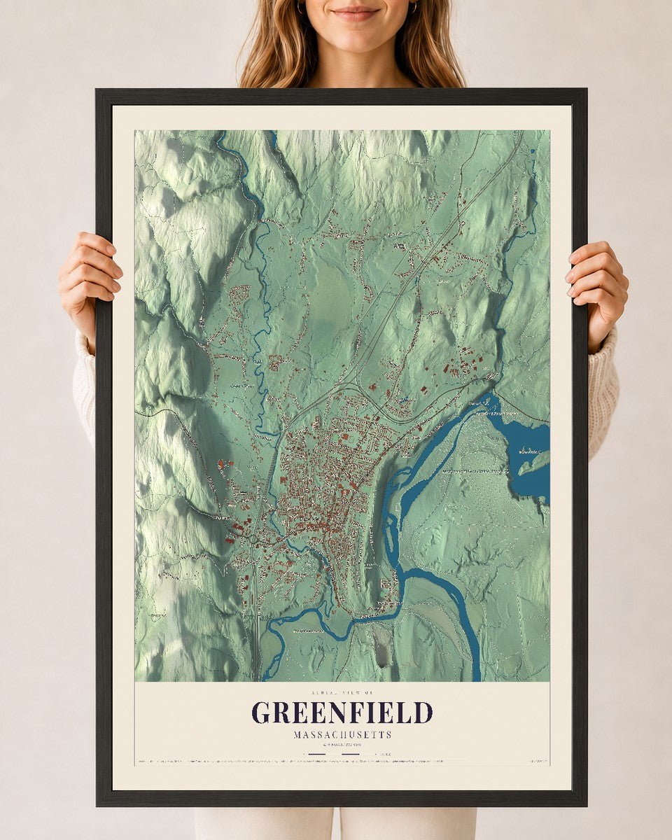 Greenfield, Massachusetts map print - 24 x 36 black Ayous wood frame