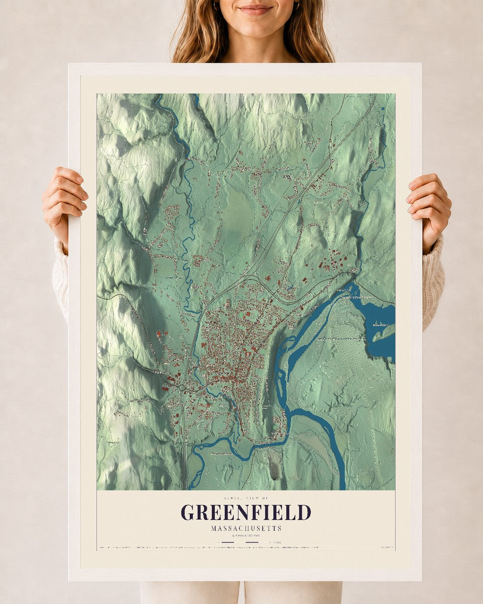 Greenfield, Massachusetts map print - 24 x 36 white Ayous wood frame
