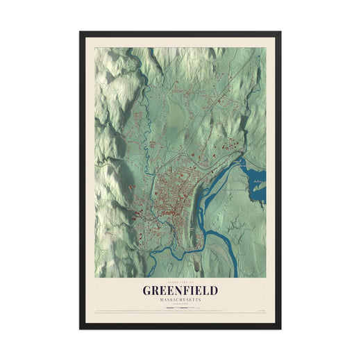 Map of Greenfield, Massachusetts, 12 x 18 inch print in a black wood frame