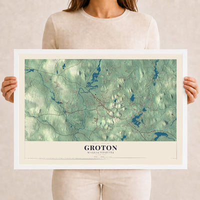 Groton, Massachusetts map print - 12 x 18 white Ayous wood frame