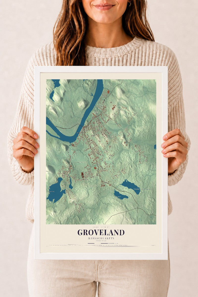 Groveland, Massachusetts map print - 12 x 18 white Ayous wood frame