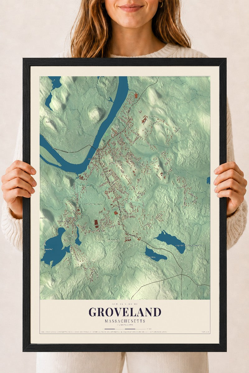 Groveland, Massachusetts map print - 18 x 24 black Ayous wood frame