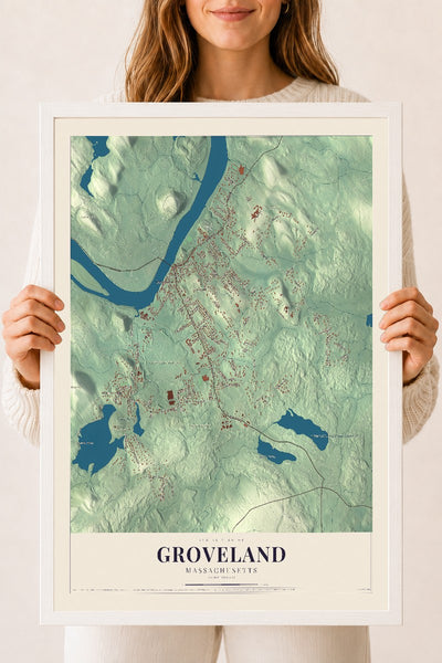 Groveland, Massachusetts map print - 18 x 24 white Ayous wood frame