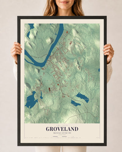 Groveland, Massachusetts map print - 24 x 36 black Ayous wood frame