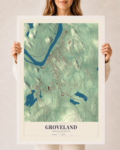 Groveland, Massachusetts map print - 24 x 36 white Ayous wood frame