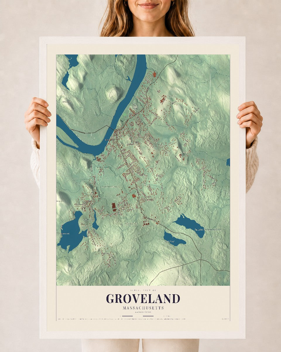Groveland, Massachusetts map print - 24 x 36 white Ayous wood frame