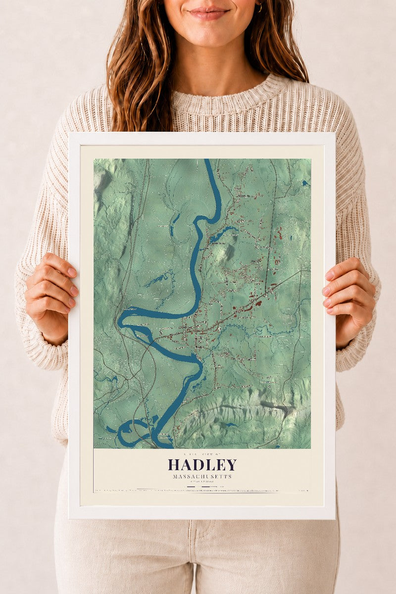 Hadley, Massachusetts map print - 12 x 18 white Ayous wood frame