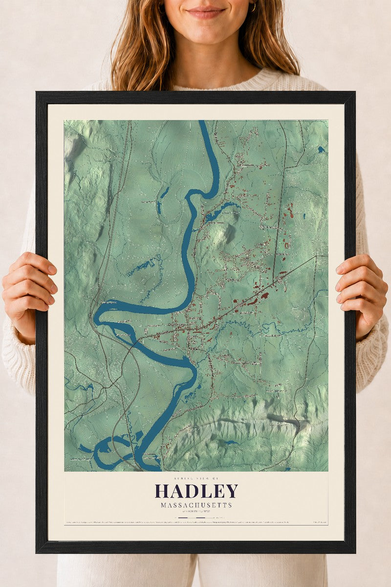 Hadley, Massachusetts map print - 18 x 24 black Ayous wood frame
