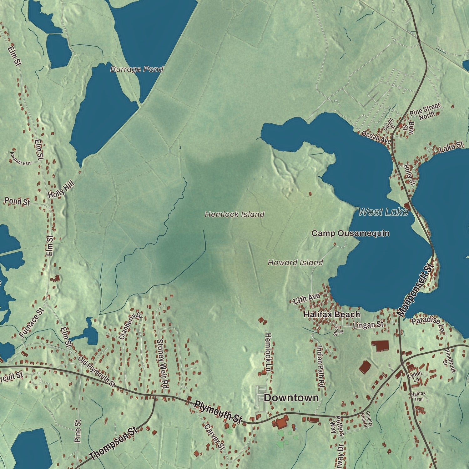 Terrain and local geography detail from the Halifax, Massachusetts map