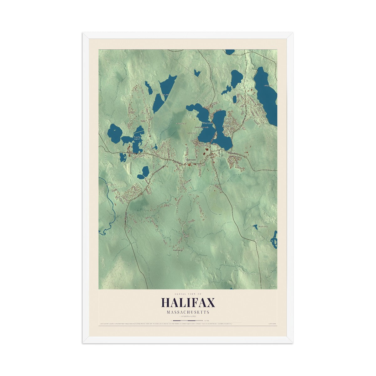 Map of Halifax, Massachusetts, 12 x 18 inch print in a white wood frame