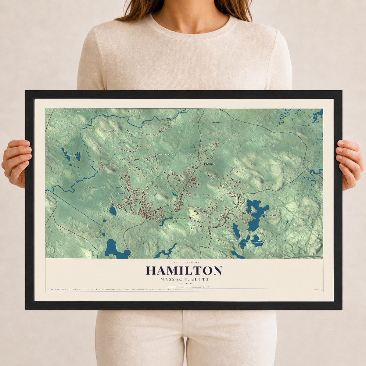Hamilton, Massachusetts map print - 12 x 18 black Ayous wood frame