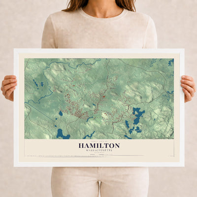 Hamilton, Massachusetts map print - 12 x 18 white Ayous wood frame