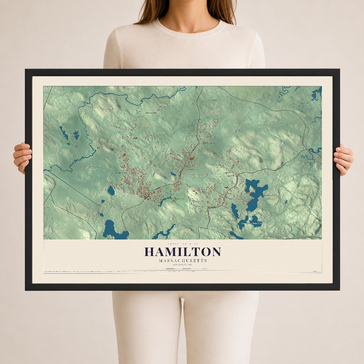 Hamilton, Massachusetts map print - 24 x 36 black Ayous wood frame
