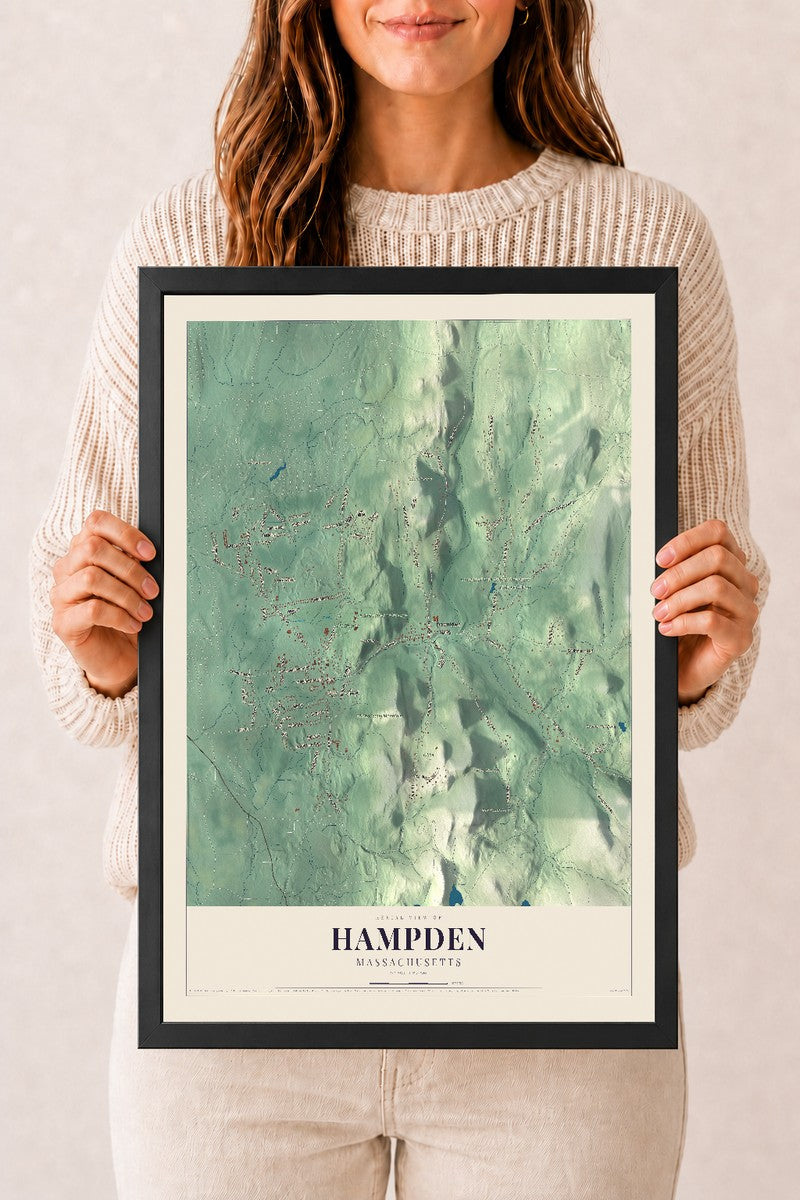 Hampden, Massachusetts map print - 12 x 18 black Ayous wood frame