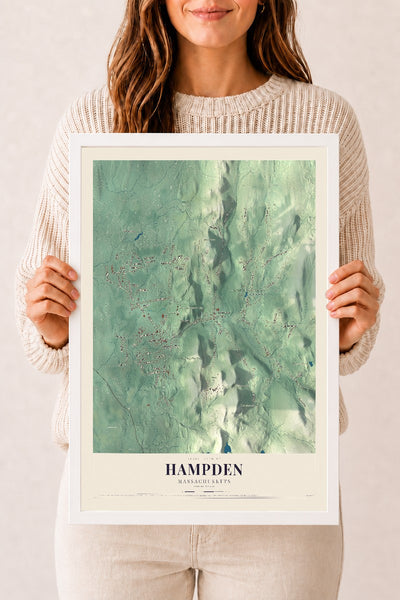 Hampden, Massachusetts map print - 12 x 18 white Ayous wood frame