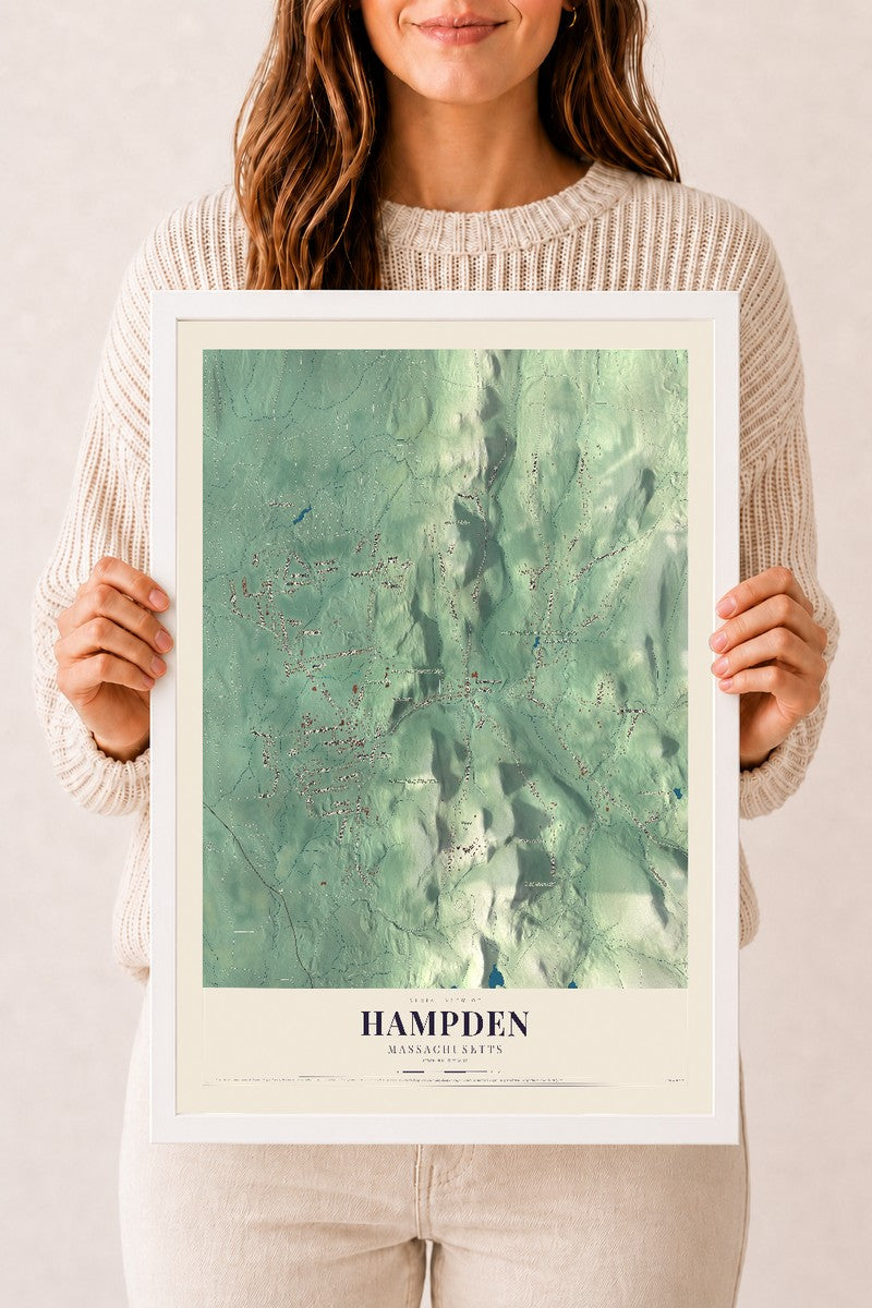 Hampden, Massachusetts map print - 12 x 18 white Ayous wood frame